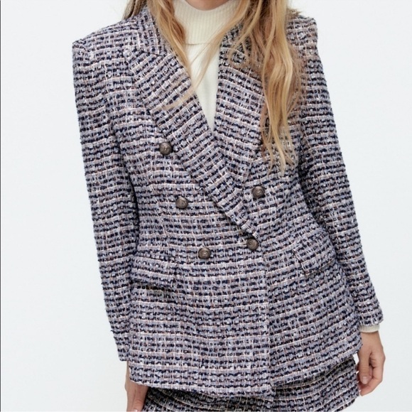ZARA Double Breasted Blazer Textured Tweed Weave - Picture 1 of 12